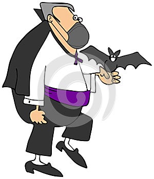 Vampire taking his pet bat for a walk and wearing a face mask