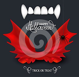 Vampire teeth and red bow tie. Halloween background