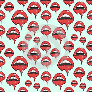 Vampires Lips Seamless Pattern. Melting lips. Vector illustration for halloween, packing, fabric, clothes print