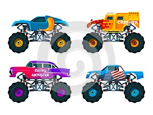 Van 4x4 with big wheels. Vector pictures of monster trucks