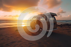 Van on the beach in Hawaii. A young woman sitting inside of it watching the sunset peacefully. Generative Ai