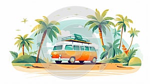 Van on the beach with palm trees illustration AI Generated