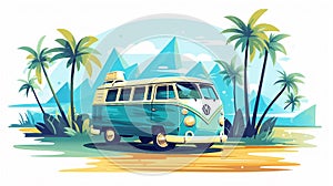 Van on the beach with palm trees illustration AI Generated