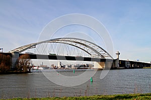 The Van Brienenoordbrug as suspension bridge over the nieuwe maas river on motorway A16 in Rotterdam the Netherlands.