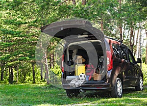 Van with camping equipment in trunk