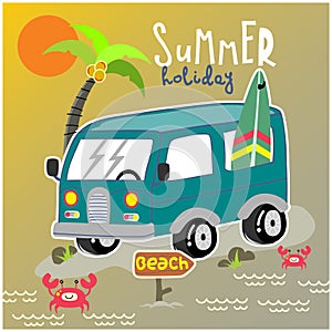 Van car on the beach funny cartoon