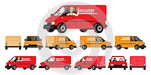 Van car set. Truck for transportation of goods. Vehicle for delivery, shown from different sides