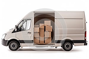 Van with cardboard boxes. Side view of a delivery service van.