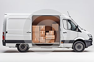 Van with cardboard boxes. Side view of a delivery service van.