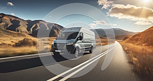 A van cruising on the open road showcases the adventurous spirit of van life road trips. Generative AI