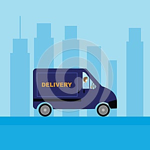 Van delivering , city street in the background, logistics and technology concept