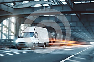 Van driving on a road through an industrial style bridge