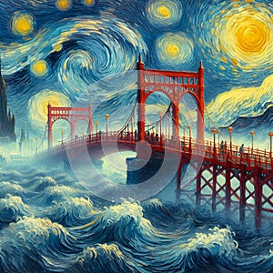 Van Gogh painting art of Golden Gate Bridge, swirling sea, vibrant hues ofnthe bridge, iconic red bridge, sun, moon