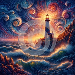 Van Gogh painting art of a lighthouse, with huricane winds, stormy, hokusai waves, twilight sky, seashore