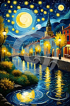 Van Gogh painting art of a whimsical river, running through a city, at s starry night, moonlight, mountain, plants