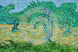 Van Gogh Street Art Olive Trees painted on a brick wall