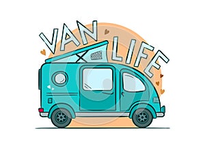 Van Life emblem. Hand-drawn minivan with lifting roof