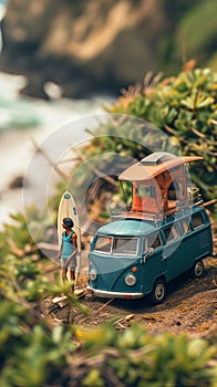 Van Life. Miniature of Tropical Island Paradise With Camper Van With Tilt-Shift Photography Effect. AI GeneratedAI Generated