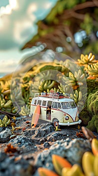 Van Life. Miniature of Tropical Island Paradise With Camper Van With Tilt-Shift Photography Effect. AI GeneratedAI Generated