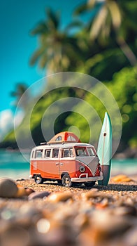 Van Life. Miniature of Tropical Island Paradise With Camper Van With Tilt-Shift Photography Effect. AI GeneratedAI Generated