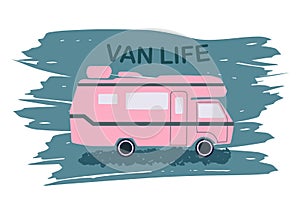Van life pink camper on brush stroke background