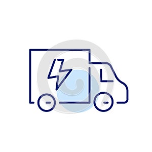Van and lightning. Electric truck. Eco-friendly transportation. Pixel perfect, editable stroke icon