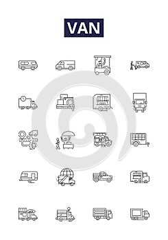 Van line vector icons and signs. Vehicle, Autos, Cargo, Delivery, Minivan, Transit, Vans, Minibuses outline vector