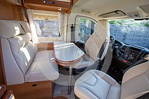 Van modern table and front seat interior in camper new motorhome for rv vanlife