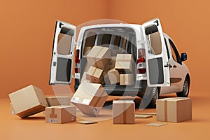 Van with open doors and scattered boxes on ground in chaotic setting