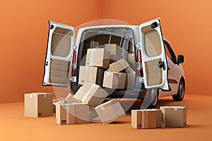 Van with open doors and scattered boxes on ground in chaotic setting