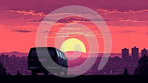 Silhouette Of Van In City With Sunset Backdrop photo