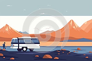 a van parked in natural background view with mountains on sunset, family road trip by caravan rv