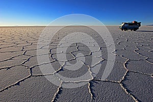 Van on Salar de Uyuni, salt lake, Bolivia