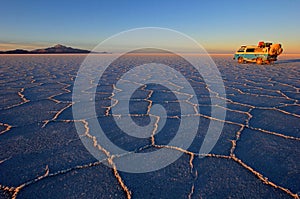 Van on Salar de Uyuni, salt lake, Bolivia