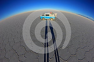 Van on Salar de Uyuni, salt lake, Bolivia