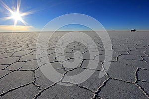 Van on Salar de Uyuni, salt lake, Bolivia