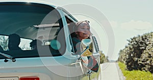 Van, smile and woman out of window for freedom, fresh air and wind on holiday, summer vacation and road trip. Happy