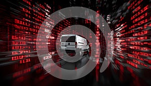 Van staying static, binary and red symbols drifting, namespace sweeping, code scrolling