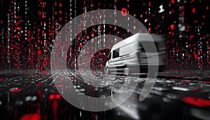 Van staying static, binary and red symbols drifting, namespace sweeping, code scrolling