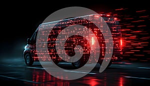 Van staying static, binary and red symbols drifting, namespace sweeping, code scrolling