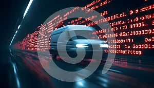 Van staying static, binary and red symbols drifting, namespace sweeping, code scrolling