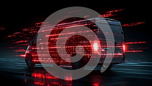 Van staying static, binary and red symbols drifting, namespace sweeping, code scrolling