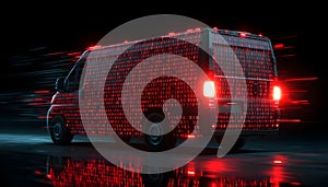 Van staying static, binary and red symbols drifting, namespace sweeping, code scrolling