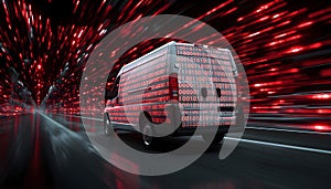 Van staying static, binary and red symbols drifting, namespace sweeping, code scrolling