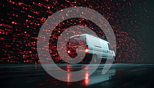 Van staying static, binary and red symbols drifting, namespace sweeping, code scrolling