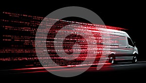 Van staying static, binary and red symbols drifting, namespace sweeping, code scrolling
