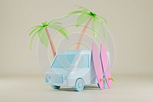 Van and surf boards with palm trees 3d render.