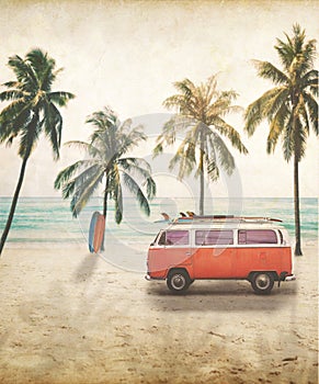 Van with surfboard on roof at tropical beach