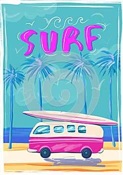 Van with surfboards on the background of palm trees