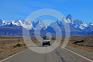 Van traveling on the road from Los Glaciares National Park, El Chalten, Argentina